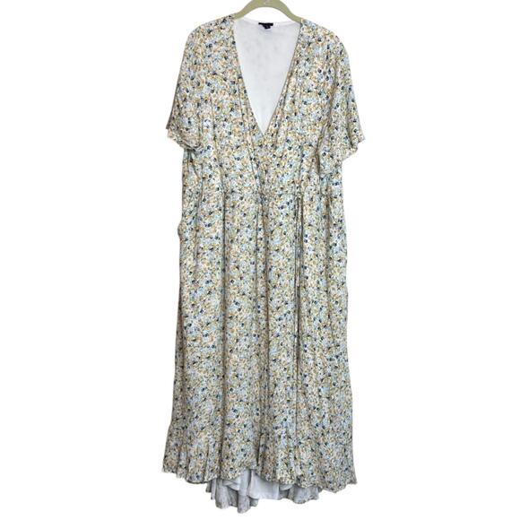 Torrid Floral Maxi Dress 3X Yellow Blue Green Tie Waist Short Sleeve Lined Rayon - Picture 1 of 8